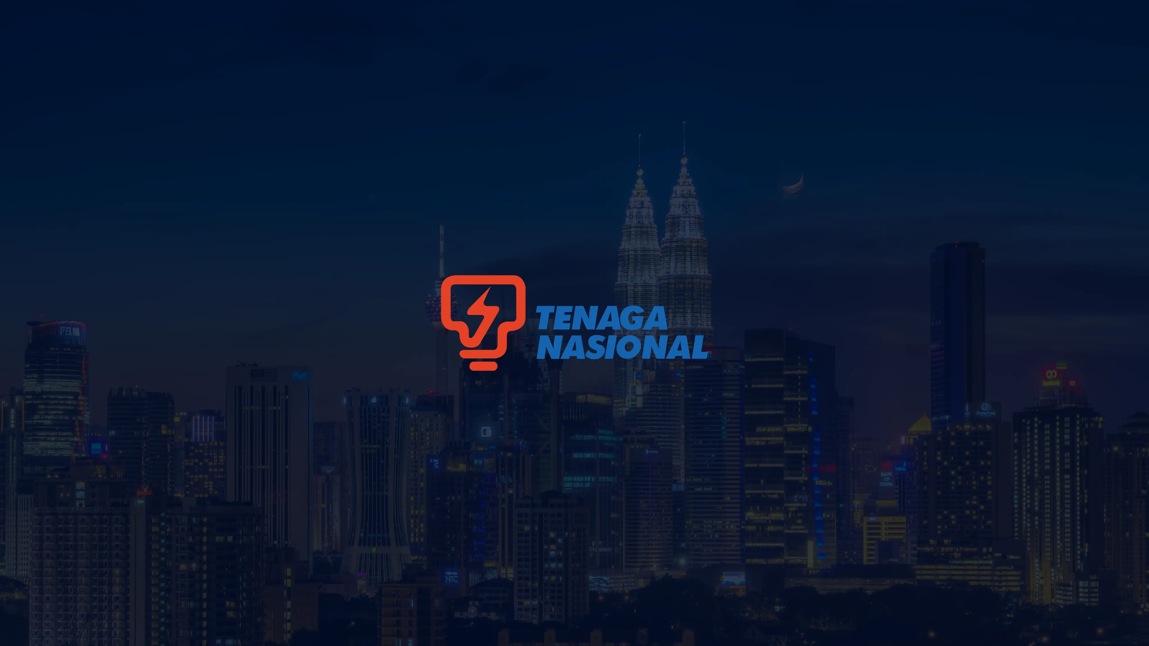 Nighttime city skyline with illuminated skyscrapers and Tenaga Nasional logo centered.